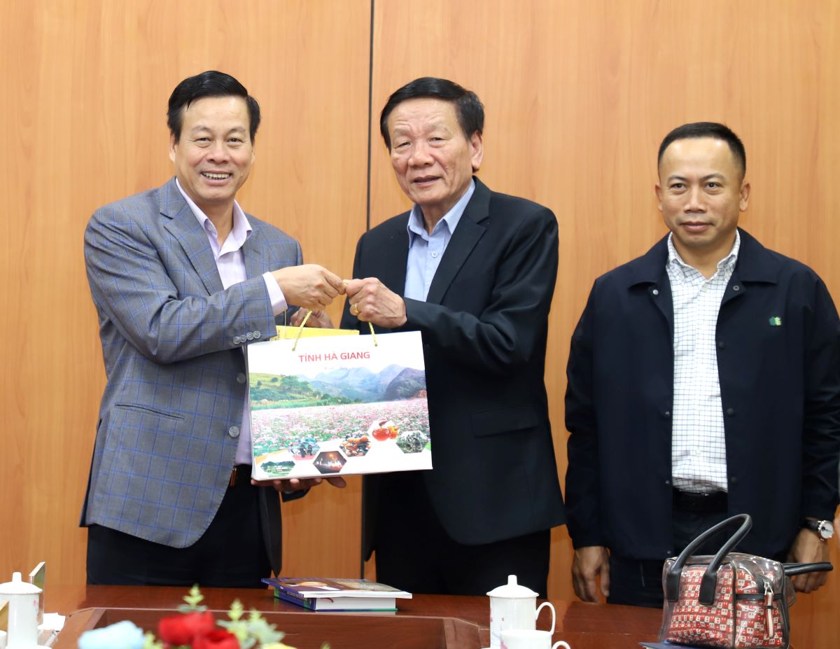 Chủ tịch UBND tỉnh Nguyễn Văn Sơn tặng sản phẩm tiêu biểu của tỉnh cho đoàn công tác.
